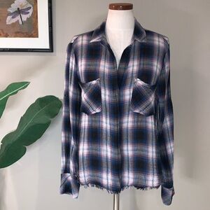 Anthropologie Cloth & Stone Plaid Frayed Hem Split Back Button Down Top, Size M